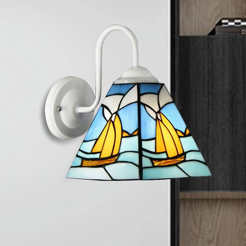 Sailboat Blue Glass Sconce Lighting Mediterranean White Wall Mounted Light for Corridor Blue Clearhalo 'Industrial' 'Middle century wall lights' 'Tiffany wall lights' 'Tiffany' 'Wall Lamps & Sconces' 'Wall Lights' Lighting' 253660
