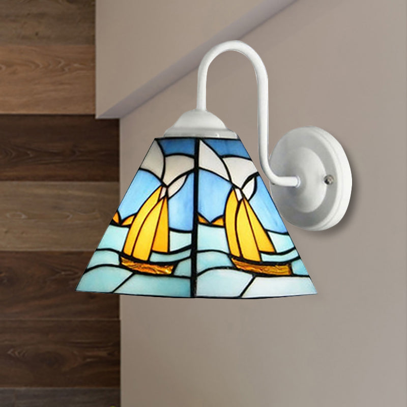 Sailboat Blue Glass Sconce Lighting Mediterranean White Wall Mounted Light for Corridor Clearhalo 'Industrial' 'Middle century wall lights' 'Tiffany wall lights' 'Tiffany' 'Wall Lamps & Sconces' 'Wall Lights' Lighting' 253661