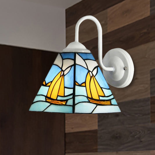 Sailboat Blue Glass Sconce Lighting Mediterranean White Wall Mounted Light for Corridor Clearhalo 'Industrial' 'Middle century wall lights' 'Tiffany wall lights' 'Tiffany' 'Wall Lamps & Sconces' 'Wall Lights' Lighting' 253662