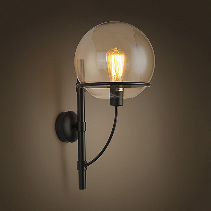 1 Light Globe Sconce Light Fixture Industrial Black Clear Glass Wall Lamp for Coffee Shop Clearhalo 'Cast Iron' 'Glass' 'Industrial wall lights' 'Industrial' 'Middle century wall lights' 'Modern' 'Tiffany' 'Traditional wall lights' 'Wall Lamps & Sconces' 'Wall Lights' Lighting' 253686