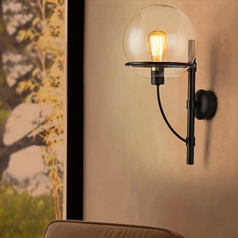 1 Light Globe Sconce Light Fixture Industrial Black Clear Glass Wall Lamp for Coffee Shop Clearhalo 'Cast Iron' 'Glass' 'Industrial wall lights' 'Industrial' 'Middle century wall lights' 'Modern' 'Tiffany' 'Traditional wall lights' 'Wall Lamps & Sconces' 'Wall Lights' Lighting' 253687