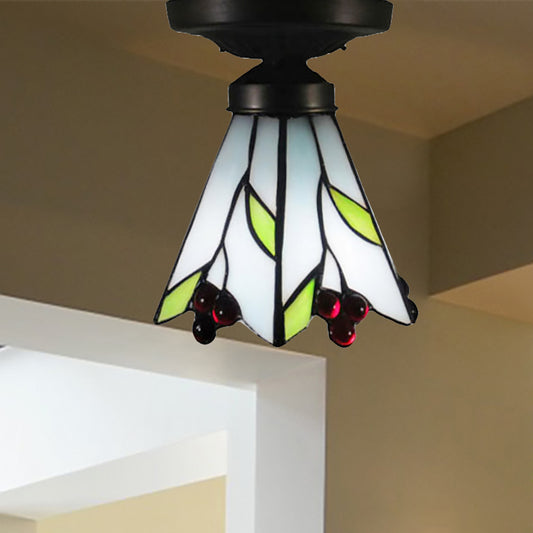 Cafe Leaf and Flower Ceiling Mount Light Stained Glass 1 Bulb Tiffany Rustic White Ceiling Fixture Clearhalo 'Ceiling Lights' 'Close To Ceiling Lights' 'Close to ceiling' 'Glass shade' 'Glass' 'Pendant Lights' 'Semi-flushmount' 'Tiffany close to ceiling' 'Tiffany' Lighting' 253691
