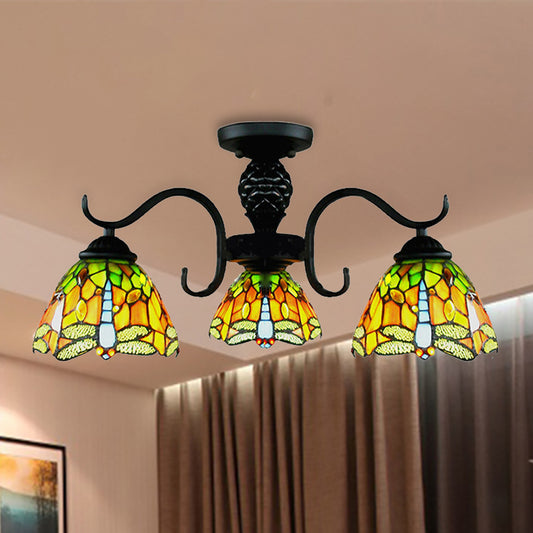 Rustic Tiffany Dragonfly Chandelier 3 Lights Stained Glass Pendant Light in Orange for Villa Clearhalo 'Ceiling Lights' 'Close To Ceiling Lights' 'Close to ceiling' 'Glass shade' 'Glass' 'Pendant Lights' 'Semi-flushmount' 'Tiffany close to ceiling' 'Tiffany' Lighting' 253702