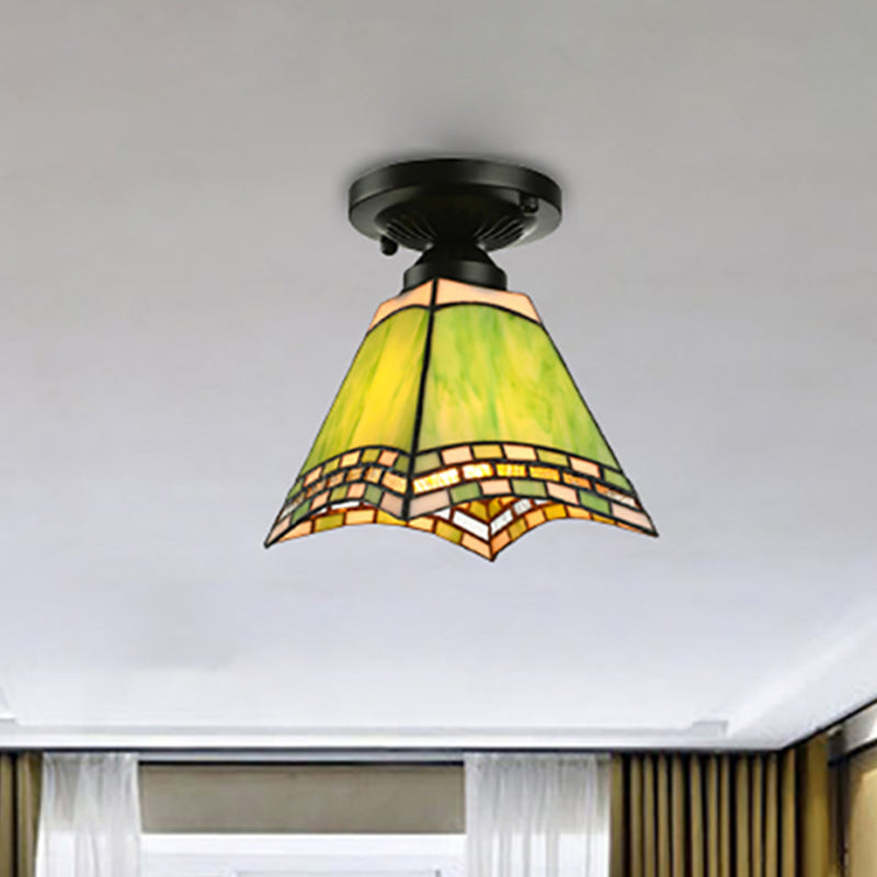 Craftsman Office Ceiling Light Art Glass 1 Light Tiffany Style Flush Mount Light in Green for Corridor Green Clearhalo 'Ceiling Lights' 'Close To Ceiling Lights' 'Close to ceiling' 'Glass shade' 'Glass' 'Semi-flushmount' 'Tiffany close to ceiling' 'Tiffany' Lighting' 253707