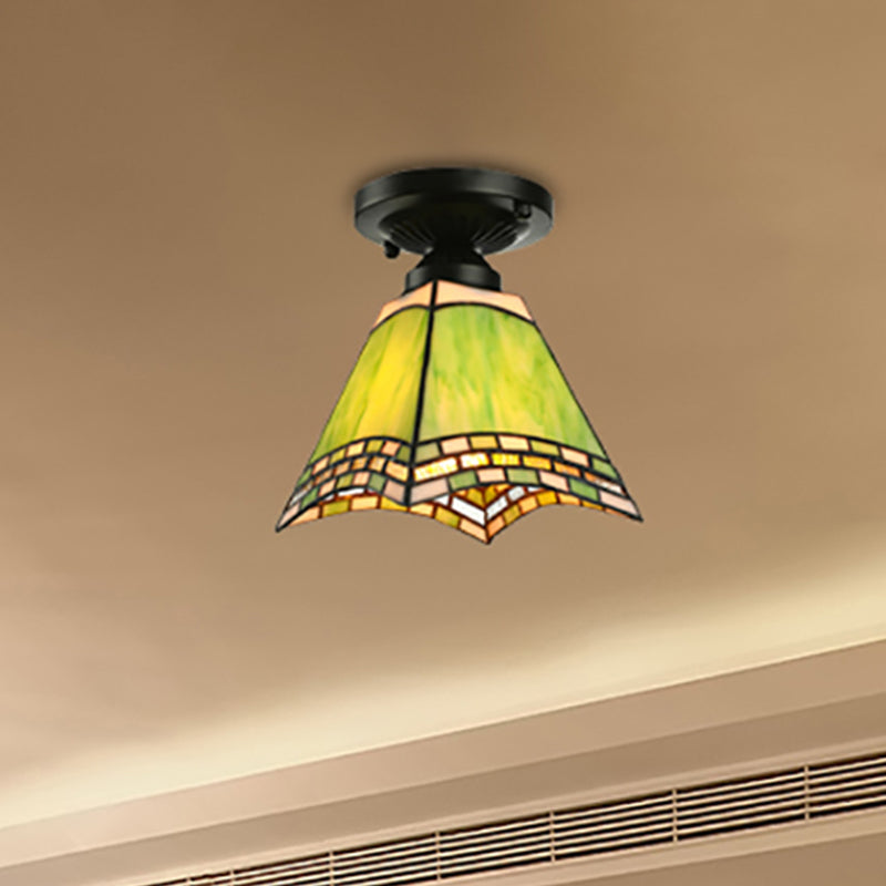 Craftsman Office Ceiling Light Art Glass 1 Light Tiffany Style Flush Mount Light in Green for Corridor Clearhalo 'Ceiling Lights' 'Close To Ceiling Lights' 'Close to ceiling' 'Glass shade' 'Glass' 'Semi-flushmount' 'Tiffany close to ceiling' 'Tiffany' Lighting' 253708
