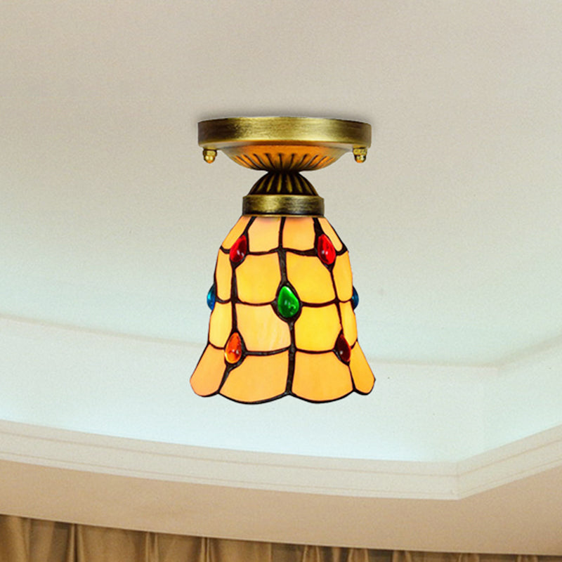 Tiffany Traditional Bell Ceiling Light with Jewelry Shell 1 Light Yellow Flush Mount Light for Hotel Yellow Clearhalo 'Ceiling Lights' 'Chandeliers' 'Close To Ceiling Lights' 'Close to ceiling' 'Glass shade' 'Glass' 'Semi-flushmount' 'Tiffany close to ceiling' 'Tiffany' Lighting' 253716
