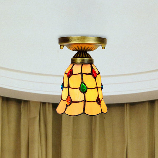 Tiffany Traditional Bell Ceiling Light with Jewelry Shell 1 Light Yellow Flush Mount Light for Hotel Clearhalo 'Ceiling Lights' 'Chandeliers' 'Close To Ceiling Lights' 'Close to ceiling' 'Glass shade' 'Glass' 'Semi-flushmount' 'Tiffany close to ceiling' 'Tiffany' Lighting' 253717