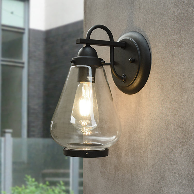 Clear Glass Black Sconce Light Cone 1-Light Industrial Wall Lamp Fixture for Porch Clear Clearhalo 'Cast Iron' 'Glass' 'Industrial wall lights' 'Industrial' 'Middle century wall lights' 'Modern' 'Tiffany' 'Traditional wall lights' 'Wall Lamps & Sconces' 'Wall Lights' Lighting' 253718