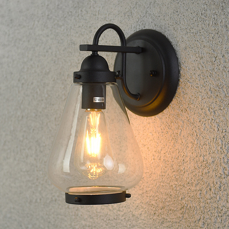 Clear Glass Black Sconce Light Cone 1-Light Industrial Wall Lamp Fixture for Porch Clearhalo 'Cast Iron' 'Glass' 'Industrial wall lights' 'Industrial' 'Middle century wall lights' 'Modern' 'Tiffany' 'Traditional wall lights' 'Wall Lamps & Sconces' 'Wall Lights' Lighting' 253719