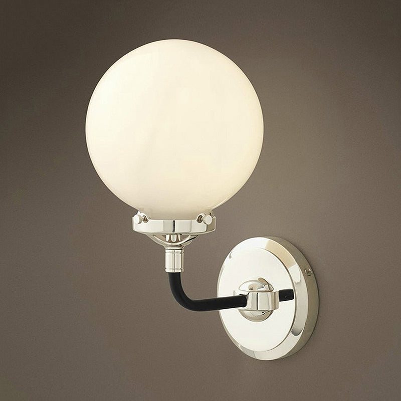 Modern Globe Shade Wall Lighting Fixture 1/2-Bulb Opal Glass Sconce Light in Antique Brass/Chrome 1.0 Chrome Clearhalo 'Cast Iron' 'Glass' 'Industrial wall lights' 'Industrial' 'Middle century wall lights' 'Modern' 'Tiffany' 'Traditional wall lights' 'Wall Lamps & Sconces' 'Wall Lights' Lighting' 253724