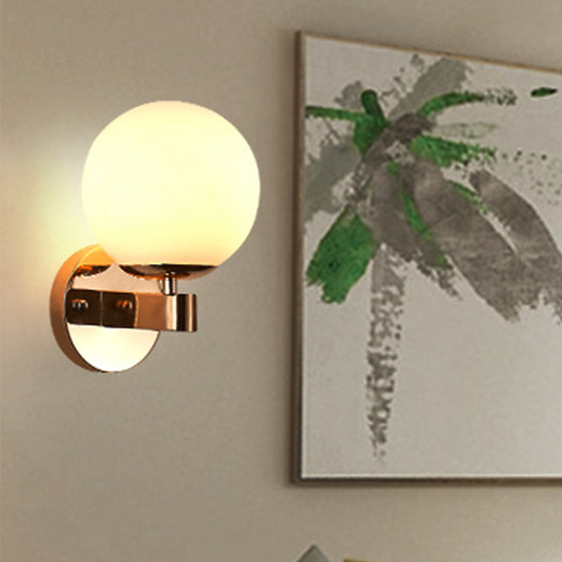 Chrome/Gold Round Wall Lighting Industrial Opal Glass 1 Light Bedroom Sconce Light Fixture Clearhalo 'Cast Iron' 'Glass' 'Industrial wall lights' 'Industrial' 'Middle century wall lights' 'Modern' 'Tiffany' 'Traditional wall lights' 'Wall Lamps & Sconces' 'Wall Lights' Lighting' 253739