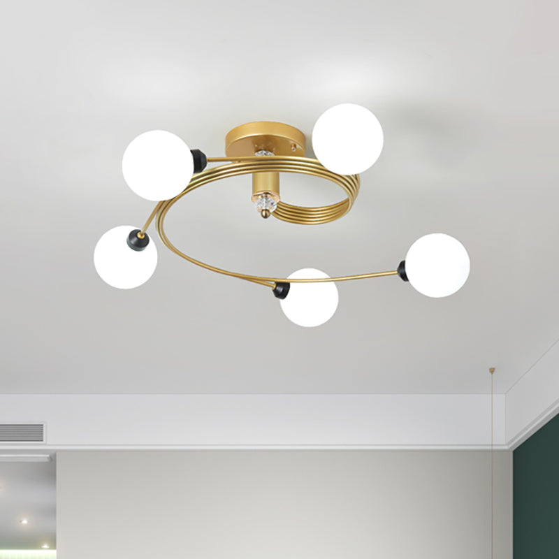 Gold Spiral Semi Flush Lighting Nordic 3/5 Lights Ceiling Flushmount with Orb Clear/Milk/White Glass Shade Clearhalo 'Ceiling Lights' 'Close To Ceiling Lights' 'Close to ceiling' 'Glass shade' 'Glass' 'Pendant Lights' 'Semi-flushmount' Lighting' 253753