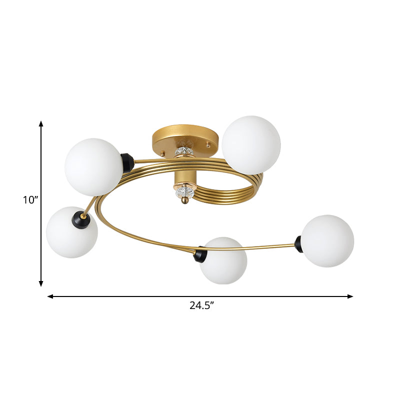Gold Spiral Semi Flush Lighting Nordic 3/5 Lights Ceiling Flushmount with Orb Clear/Milk/White Glass Shade Clearhalo 'Ceiling Lights' 'Close To Ceiling Lights' 'Close to ceiling' 'Glass shade' 'Glass' 'Pendant Lights' 'Semi-flushmount' Lighting' 253755