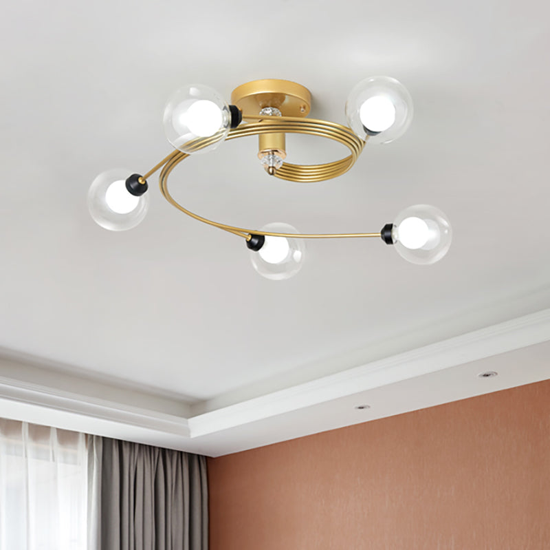 Gold Spiral Semi Flush Lighting Nordic 3/5 Lights Ceiling Flushmount with Orb Clear/Milk/White Glass Shade 5 White Clearhalo 'Ceiling Lights' 'Close To Ceiling Lights' 'Close to ceiling' 'Glass shade' 'Glass' 'Pendant Lights' 'Semi-flushmount' Lighting' 253756