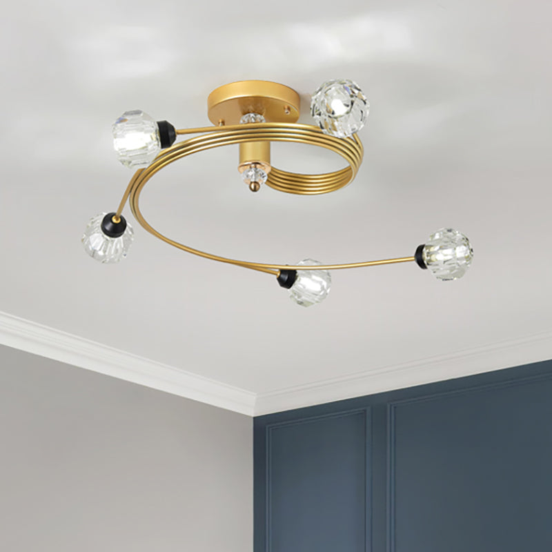 Gold Spiral Semi Flush Lighting Nordic 3/5 Lights Ceiling Flushmount with Orb Clear/Milk/White Glass Shade 5 Clear Clearhalo 'Ceiling Lights' 'Close To Ceiling Lights' 'Close to ceiling' 'Glass shade' 'Glass' 'Pendant Lights' 'Semi-flushmount' Lighting' 253760
