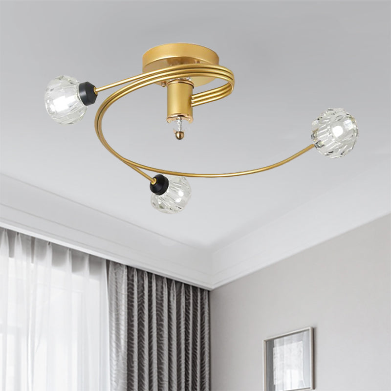 Gold Spiral Semi Flush Lighting Nordic 3/5 Lights Ceiling Flushmount with Orb Clear/Milk/White Glass Shade 3 Clear Clearhalo 'Ceiling Lights' 'Close To Ceiling Lights' 'Close to ceiling' 'Glass shade' 'Glass' 'Pendant Lights' 'Semi-flushmount' Lighting' 253762