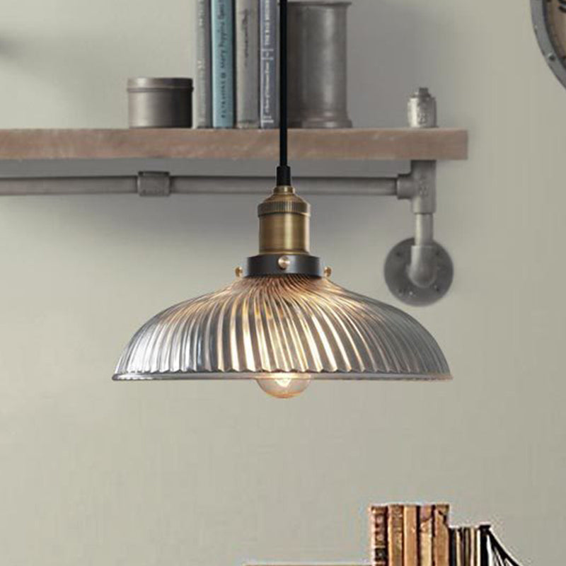 1-Light Ceiling Pendant Light Industrial Dome-Shaped Ribbed Glass Hanging Lamp for Coffee Shop in Brass Clear Clearhalo 'Ceiling Lights' 'Glass shade' 'Glass' 'Industrial Pendants' 'Industrial' 'Middle Century Pendants' 'Pendant Lights' 'Pendants' 'Tiffany' Lighting' 253801