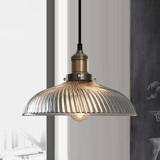 1-Light Ceiling Pendant Light Industrial Dome-Shaped Ribbed Glass Hanging Lamp for Coffee Shop in Brass Clearhalo 'Ceiling Lights' 'Glass shade' 'Glass' 'Industrial Pendants' 'Industrial' 'Middle Century Pendants' 'Pendant Lights' 'Pendants' 'Tiffany' Lighting' 253802