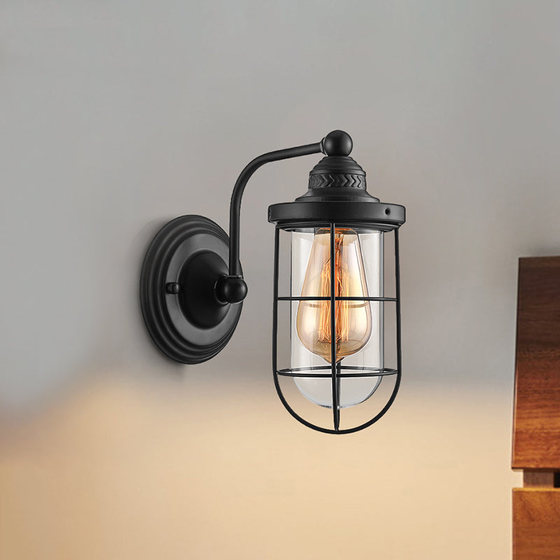 Industrial Wire Cage Wall Lighting Fixture 1/2-Bulb Clear Glass Sconce Light in Black for Stairway 1.0 Black Clearhalo 'Cast Iron' 'Glass' 'Industrial wall lights' 'Industrial' 'Middle century wall lights' 'Modern' 'Tiffany' 'Traditional wall lights' 'Wall Lamps & Sconces' 'Wall Lights' Lighting' 253826