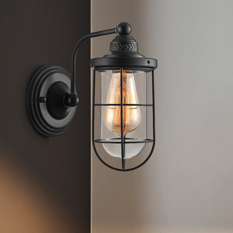 Industrial Wire Cage Wall Lighting Fixture 1/2-Bulb Clear Glass Sconce Light in Black for Stairway Clearhalo 'Cast Iron' 'Glass' 'Industrial wall lights' 'Industrial' 'Middle century wall lights' 'Modern' 'Tiffany' 'Traditional wall lights' 'Wall Lamps & Sconces' 'Wall Lights' Lighting' 253827
