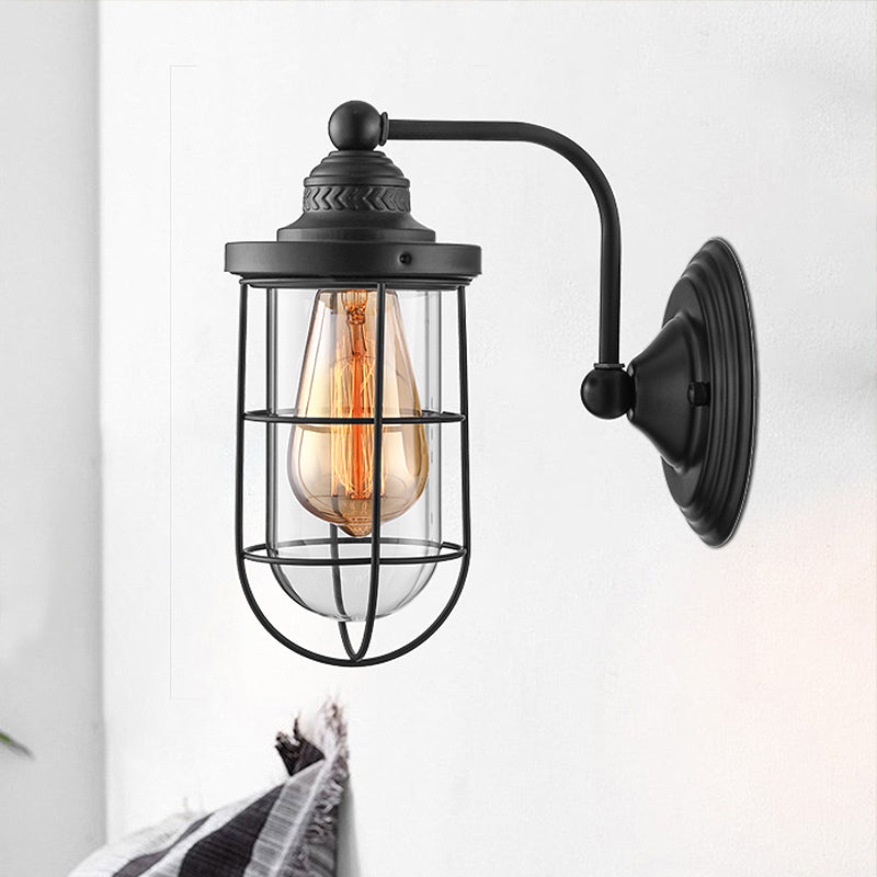 Industrial Wire Cage Wall Lighting Fixture 1/2-Bulb Clear Glass Sconce Light in Black for Stairway Clearhalo 'Cast Iron' 'Glass' 'Industrial wall lights' 'Industrial' 'Middle century wall lights' 'Modern' 'Tiffany' 'Traditional wall lights' 'Wall Lamps & Sconces' 'Wall Lights' Lighting' 253828