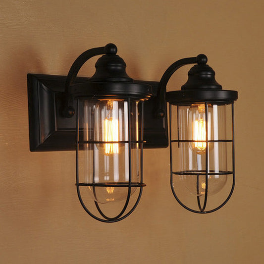 Industrial Wire Cage Wall Lighting Fixture 1/2-Bulb Clear Glass Sconce Light in Black for Stairway 2.0 Black Clearhalo 'Cast Iron' 'Glass' 'Industrial wall lights' 'Industrial' 'Middle century wall lights' 'Modern' 'Tiffany' 'Traditional wall lights' 'Wall Lamps & Sconces' 'Wall Lights' Lighting' 253829