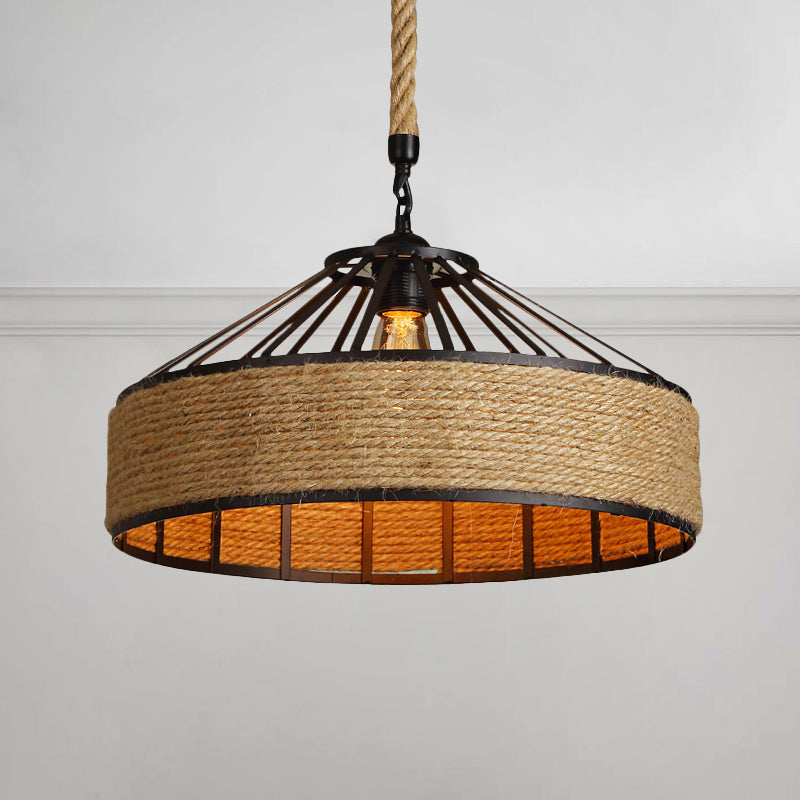 Drum Shade Rope Pendant Ceiling Light Vintage Style 1 Bulb Coffee Shop Hanging Light in Black Black A Clearhalo 'Ceiling Lights' 'Industrial Pendants' 'Industrial' 'Middle Century Pendants' 'Pendant Lights' 'Pendants' 'Tiffany' Lighting' 253838