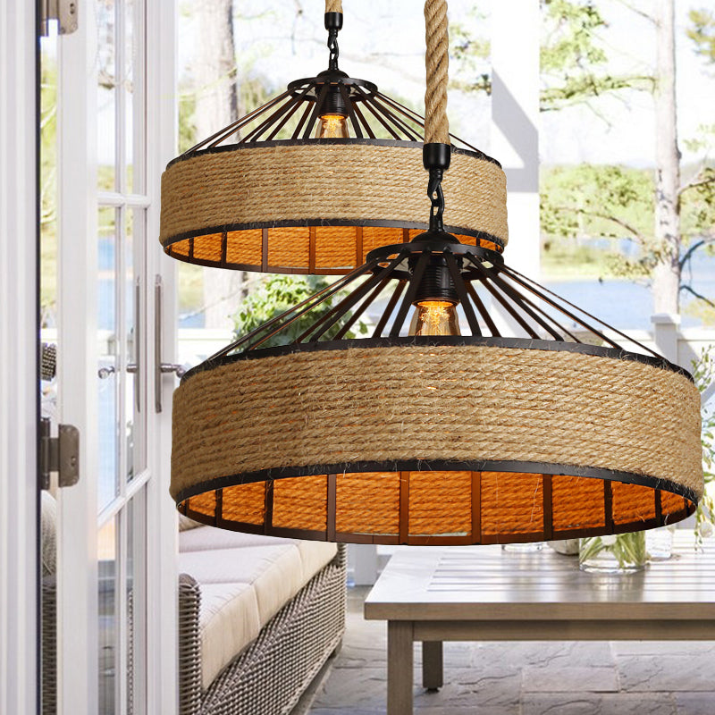 Drum Shade Rope Pendant Ceiling Light Vintage Style 1 Bulb Coffee Shop Hanging Light in Black Clearhalo 'Ceiling Lights' 'Industrial Pendants' 'Industrial' 'Middle Century Pendants' 'Pendant Lights' 'Pendants' 'Tiffany' Lighting' 253839