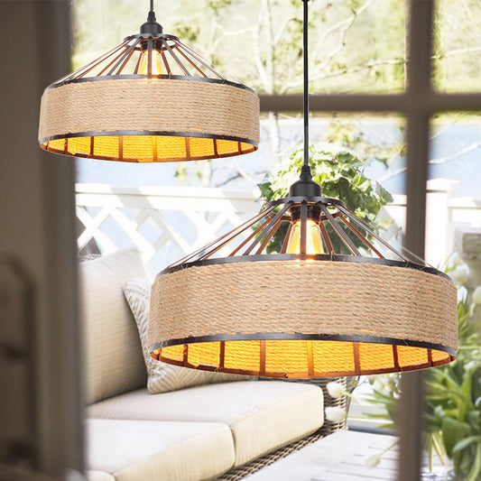 Drum Shade Rope Pendant Ceiling Light Vintage Style 1 Bulb Coffee Shop Hanging Light in Black Black B Clearhalo 'Ceiling Lights' 'Industrial Pendants' 'Industrial' 'Middle Century Pendants' 'Pendant Lights' 'Pendants' 'Tiffany' Lighting' 253840