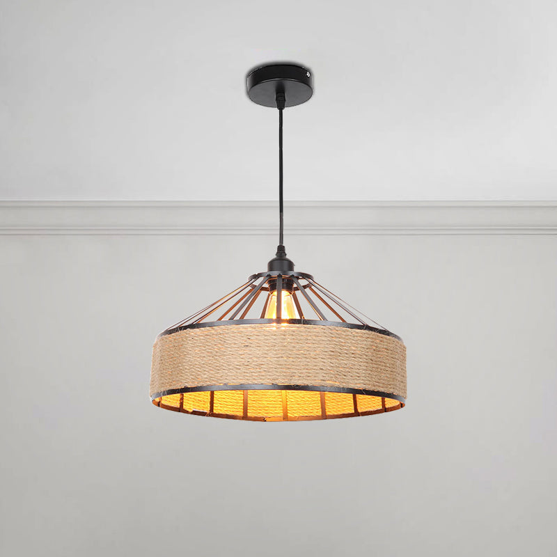 Drum Shade Rope Pendant Ceiling Light Vintage Style 1 Bulb Coffee Shop Hanging Light in Black Clearhalo 'Ceiling Lights' 'Industrial Pendants' 'Industrial' 'Middle Century Pendants' 'Pendant Lights' 'Pendants' 'Tiffany' Lighting' 253841