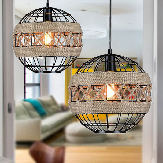 Sphere Pendant Lighting with Metal Frame and Rope Rustic 1 Light Hanging Ceiling Light in Black Clearhalo 'Art Deco Pendants' 'Black' 'Cast Iron' 'Ceiling Lights' 'Ceramic' 'Crystal' 'Industrial Pendants' 'Industrial' 'Metal' 'Middle Century Pendants' 'Pendant Lights' 'Pendants' 'Rustic Pendants' 'Tiffany' Lighting' 253854