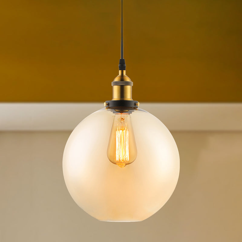 Globe Pendant Light Industrial Single Light 8"/10"/12" Wide Clear Glass Hanging Lamp in Grey/Brown Brown Clearhalo 'Ceiling Lights' 'Glass shade' 'Glass' 'Industrial Pendants' 'Industrial' 'Middle Century Pendants' 'Pendant Lights' 'Pendants' 'Tiffany' Lighting' 253879