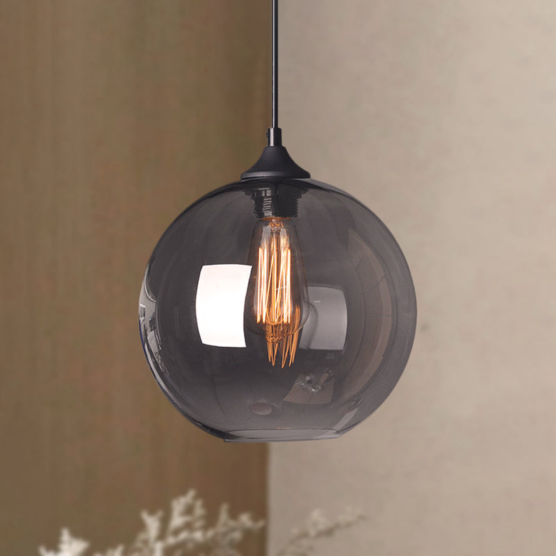 Globe Pendant Light Industrial Single Light 8"/10"/12" Wide Clear Glass Hanging Lamp in Grey/Brown Grey Clearhalo 'Ceiling Lights' 'Glass shade' 'Glass' 'Industrial Pendants' 'Industrial' 'Middle Century Pendants' 'Pendant Lights' 'Pendants' 'Tiffany' Lighting' 253881