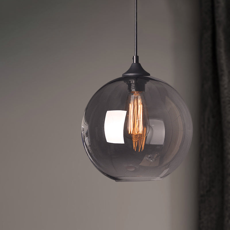 Globe Pendant Light Industrial Single Light 8"/10"/12" Wide Clear Glass Hanging Lamp in Grey/Brown Clearhalo 'Ceiling Lights' 'Glass shade' 'Glass' 'Industrial Pendants' 'Industrial' 'Middle Century Pendants' 'Pendant Lights' 'Pendants' 'Tiffany' Lighting' 253882