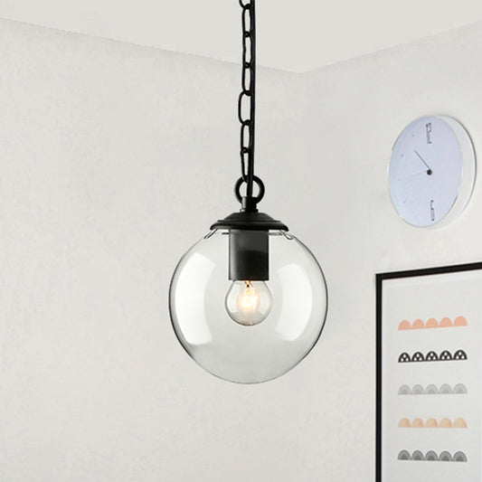 Black Globe Pendant Ceiling Light Farmhouse Clear Glass Single-Bulb Dining Room Hanging Lamp with Chain, 8"/10"/12" Wide Clearhalo 'Ceiling Lights' 'Glass shade' 'Glass' 'Industrial Pendants' 'Industrial' 'Middle Century Pendants' 'Pendant Lights' 'Pendants' 'Tiffany' Lighting' 253895