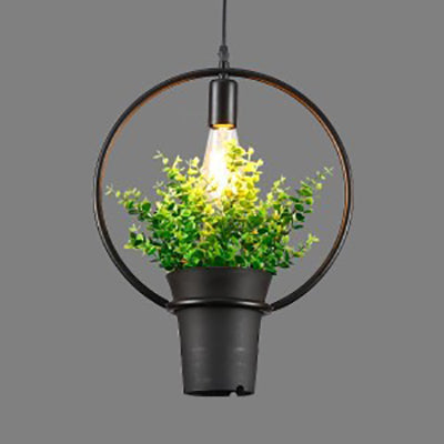 1 Head Triangle/Round Hanging Light with Planter and Frame Vintage Style Black Metal Pendant Lighting for Kitchen Black Round Clearhalo 'Art Deco Pendants' 'Black' 'Cast Iron' 'Ceiling Lights' 'Ceramic' 'Crystal' 'Industrial Pendants' 'Industrial' 'Metal' 'Middle Century Pendants' 'Pendant Lights' 'Pendants' 'Rustic Pendants' 'Tiffany' Lighting' 25393