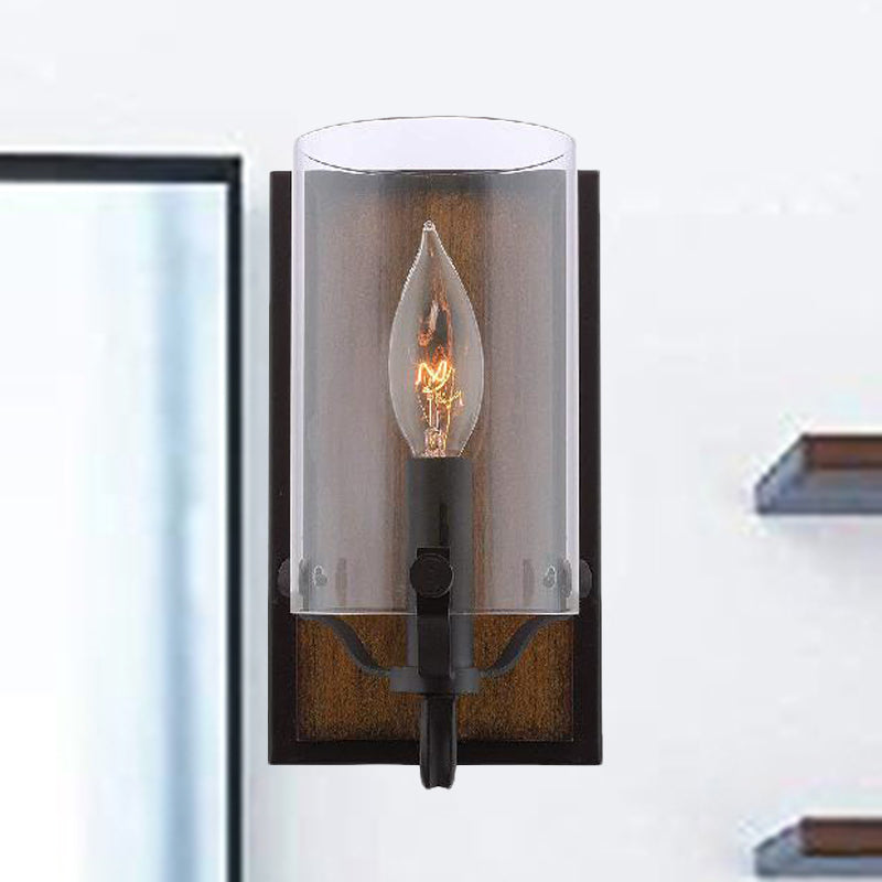1 Bulb Cylinder Wall Mounted Light Fixture Industrial Brown Clear Glass Lighting with Wooden Backplate Clear Clearhalo 'Cast Iron' 'Glass' 'Industrial wall lights' 'Industrial' 'Middle century wall lights' 'Modern' 'Tiffany' 'Traditional wall lights' 'Wall Lamps & Sconces' 'Wall Lights' Lighting' 253969