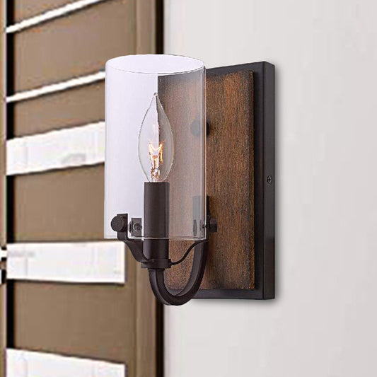 1 Bulb Cylinder Wall Mounted Light Fixture Industrial Brown Clear Glass Lighting with Wooden Backplate Clearhalo 'Cast Iron' 'Glass' 'Industrial wall lights' 'Industrial' 'Middle century wall lights' 'Modern' 'Tiffany' 'Traditional wall lights' 'Wall Lamps & Sconces' 'Wall Lights' Lighting' 253970