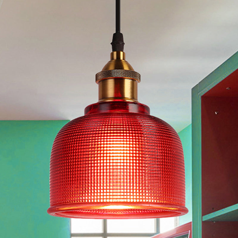 Single Light Dome Pendant Lighting Fixture Industrial Brass Prismatic Glass Hanging Ceiling Light in Red/Bronze/Blue Red Clearhalo 'Ceiling Lights' 'Glass shade' 'Glass' 'Industrial Pendants' 'Industrial' 'Middle Century Pendants' 'Pendant Lights' 'Pendants' 'Tiffany' Lighting' 253993