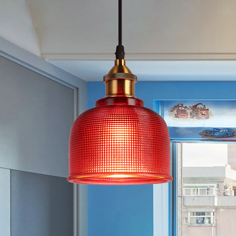 Single Light Dome Pendant Lighting Fixture Industrial Brass Prismatic Glass Hanging Ceiling Light in Red/Bronze/Blue Clearhalo 'Ceiling Lights' 'Glass shade' 'Glass' 'Industrial Pendants' 'Industrial' 'Middle Century Pendants' 'Pendant Lights' 'Pendants' 'Tiffany' Lighting' 253994