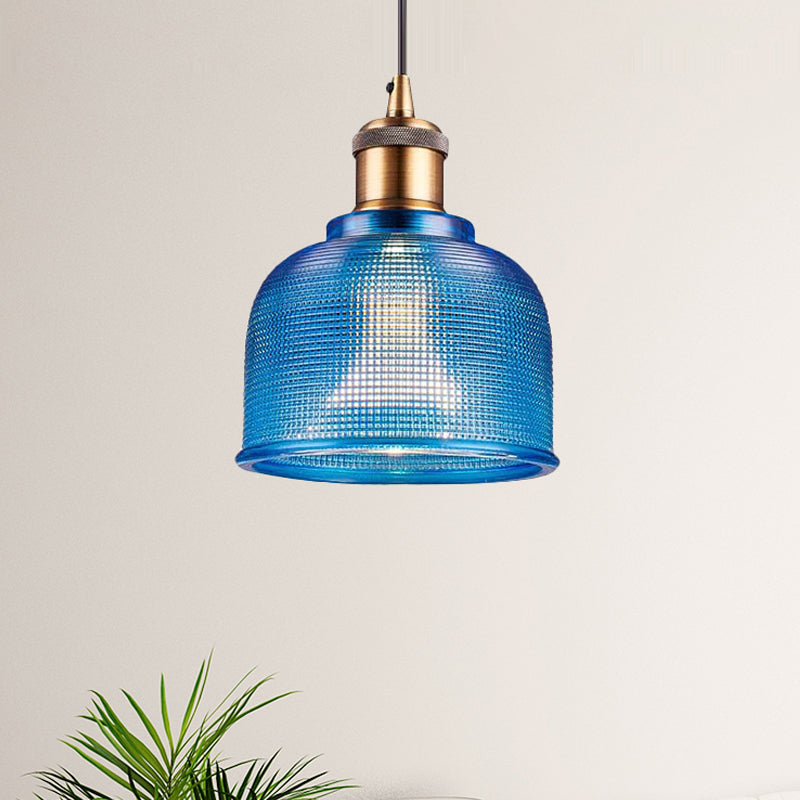 Single Light Dome Pendant Lighting Fixture Industrial Brass Prismatic Glass Hanging Ceiling Light in Red/Bronze/Blue Clearhalo 'Ceiling Lights' 'Glass shade' 'Glass' 'Industrial Pendants' 'Industrial' 'Middle Century Pendants' 'Pendant Lights' 'Pendants' 'Tiffany' Lighting' 253996