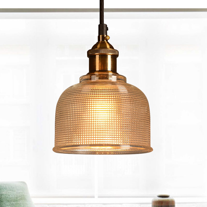 Single Light Dome Pendant Lighting Fixture Industrial Brass Prismatic Glass Hanging Ceiling Light in Red/Bronze/Blue Clear Clearhalo 'Ceiling Lights' 'Glass shade' 'Glass' 'Industrial Pendants' 'Industrial' 'Middle Century Pendants' 'Pendant Lights' 'Pendants' 'Tiffany' Lighting' 253997