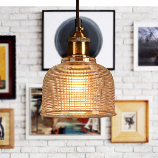 Single Light Dome Pendant Lighting Fixture Industrial Brass Prismatic Glass Hanging Ceiling Light in Red/Bronze/Blue Clearhalo 'Ceiling Lights' 'Glass shade' 'Glass' 'Industrial Pendants' 'Industrial' 'Middle Century Pendants' 'Pendant Lights' 'Pendants' 'Tiffany' Lighting' 253998