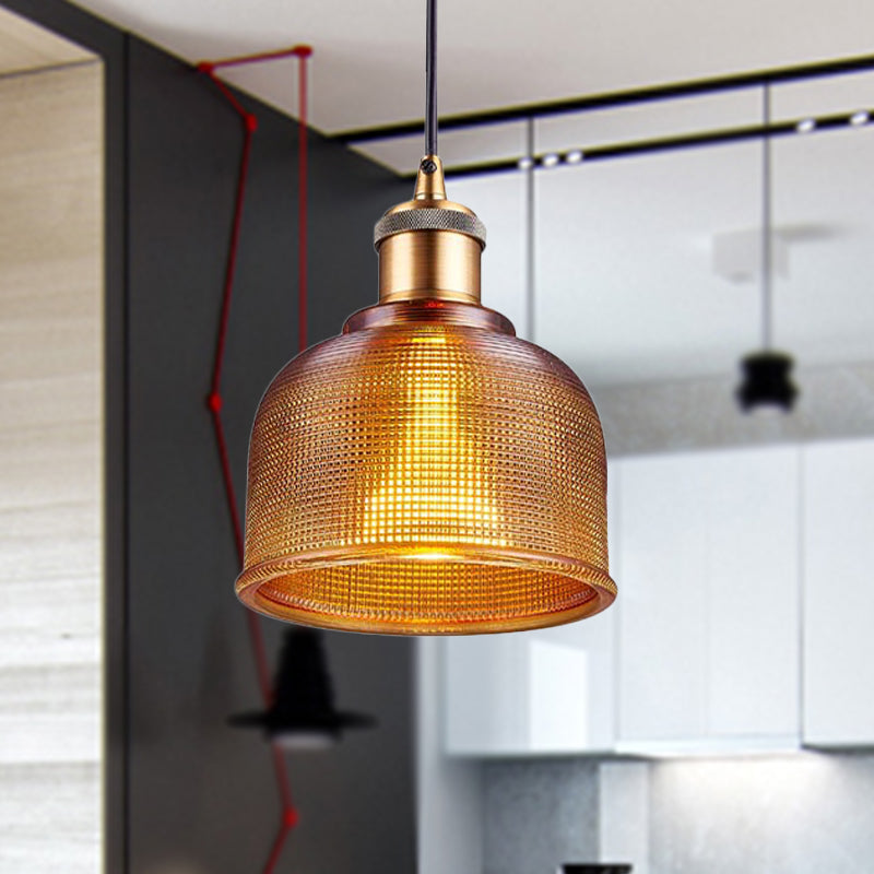 Single Light Dome Pendant Lighting Fixture Industrial Brass Prismatic Glass Hanging Ceiling Light in Red/Bronze/Blue Clearhalo 'Ceiling Lights' 'Glass shade' 'Glass' 'Industrial Pendants' 'Industrial' 'Middle Century Pendants' 'Pendant Lights' 'Pendants' 'Tiffany' Lighting' 254000