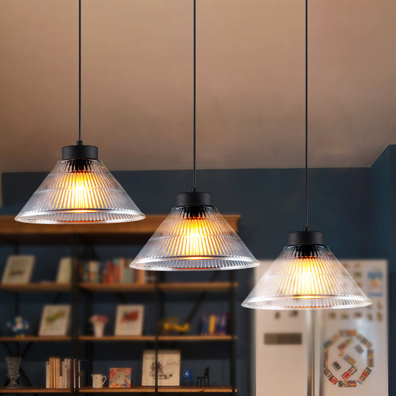 Black/Brass Cone Pendant Ceiling Light Farmhouse Ribbed Glass Single-Bulb Dining Room Hanging Lamp Clearhalo 'Ceiling Lights' 'Glass shade' 'Glass' 'Industrial Pendants' 'Industrial' 'Middle Century Pendants' 'Pendant Lights' 'Pendants' 'Tiffany' Lighting' 254059