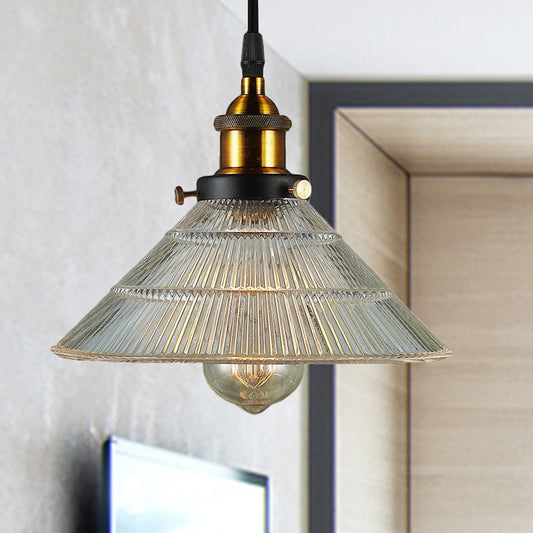 Black/Brass Cone Pendant Ceiling Light Farmhouse Ribbed Glass Single-Bulb Dining Room Hanging Lamp Brass Clearhalo 'Ceiling Lights' 'Glass shade' 'Glass' 'Industrial Pendants' 'Industrial' 'Middle Century Pendants' 'Pendant Lights' 'Pendants' 'Tiffany' Lighting' 254060