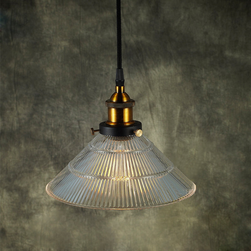 Black/Brass Cone Pendant Ceiling Light Farmhouse Ribbed Glass Single-Bulb Dining Room Hanging Lamp Clearhalo 'Ceiling Lights' 'Glass shade' 'Glass' 'Industrial Pendants' 'Industrial' 'Middle Century Pendants' 'Pendant Lights' 'Pendants' 'Tiffany' Lighting' 254061