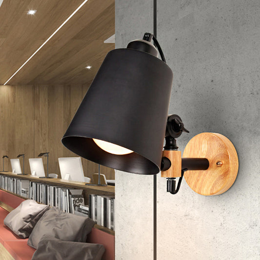 Bucket Shade Metal Wall Lamp Modernism 1 Light Corridor Wall Mount Light with Wooden Backplate in Black/White Black Clearhalo 'Cast Iron' 'Glass' 'Industrial' 'Modern wall lights' 'Modern' 'Tiffany' 'Traditional wall lights' 'Wall Lamps & Sconces' 'Wall Lights' Lighting' 254098