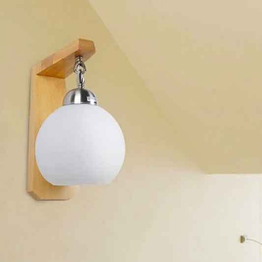 Opal Glass Globe Shade Wall Sconce Industrial 1 Light Bedroom Lighting Fixture with Wooden Backplate Clearhalo 'Modern wall lights' 'Modern' 'Wall Lamps & Sconces' 'Wall Lights' Lighting' 254101