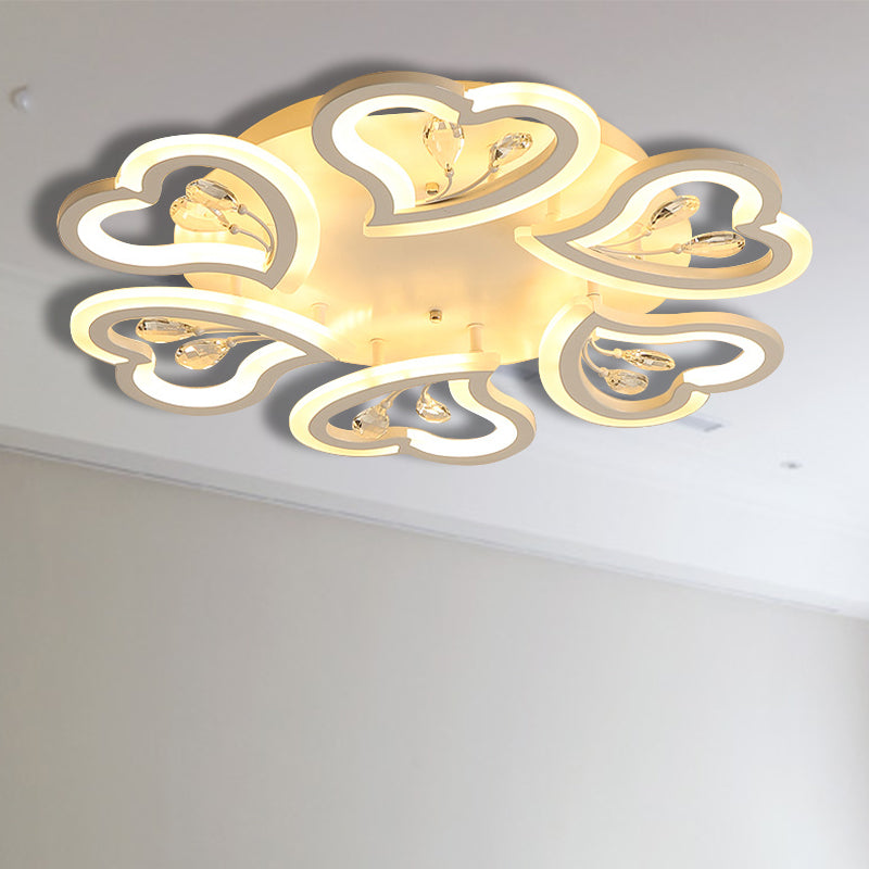 19.5"/23.5"/31.5" W White Heart Shape Semi Flush Light Modern LED Acrylic Ceiling Lamp with Crystal Accent in Warm/White Light White 23.5" Clearhalo 'Ceiling Lights' 'Close To Ceiling Lights' 'Close to ceiling' 'Flush mount' Lighting' 254110